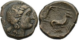 Sizilien. 
Syrakus. 
Agathokles, 317-289 v. Chr. Bronze, ca. 310-305 v. Chr. Kopf des Apollon n.l., dahinter Pileus. Rv. Pegasos n.l., darüber L. 4,...