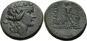 Thrakien. 
Maroneia. 
Bronze, Periode X, ca. 189-45 v. Chr. Kopf des jugendl. Dionysos mit Efeukranz n. r. Rv. Nackter Dionysos frontal stehend, Kop...