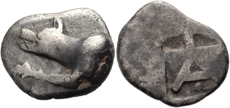 Argolis. 
Argos. 
Triobol, 480-460 v. Chr. Wolfsprotome n.l. Rv. Großes A, dar...