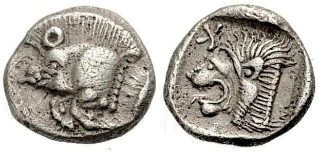Mysien. 
Kyzikos. 
Obol, ca. 525-475 v. Chr. Eberprotome n.l., darunter Thunfi...