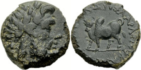 Lydien. 
Tralleis. 
Bronze, 2.-1. Jh. v. Chr. Zeuskopf mit Lorbeer n. r. Rv. DIOS LARASIOU Buckelstier n.l. 2,39 g. BMC&nbsp;64-65, SNG&nbsp;von&nbs...