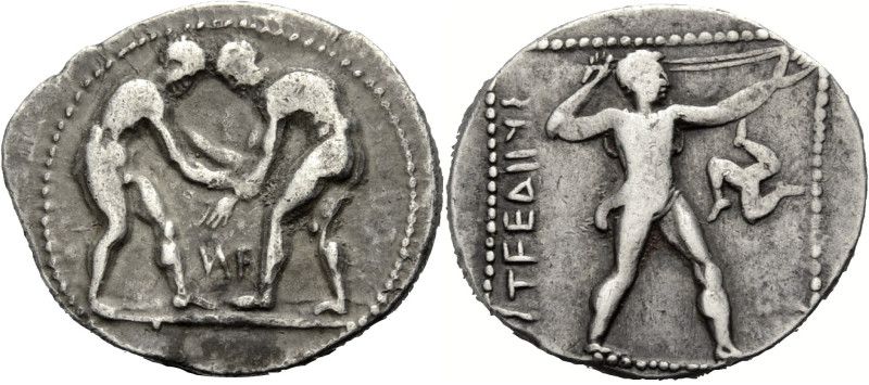 Pamphylien. 
Aspendos. 
Stater, 370-330 v. Chr. Zwei Ringer auf Bodenlinie; de...