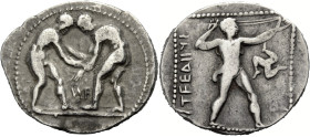 Pamphylien. 
Aspendos. 
Stater, 370-330 v. Chr. Zwei Ringer auf Bodenlinie; der Linke packte mit beiden Händen den l. Arm des Gegners; zwischen ihne...