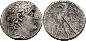 Königreich der Seleukiden. 
Demetrios II. Nikator, 2. Regierung, 129-125 v. Chr. Tetradrachmon 130-129 v. Chr. Tyros. Drap. Büste n. r. ohne Bart und...