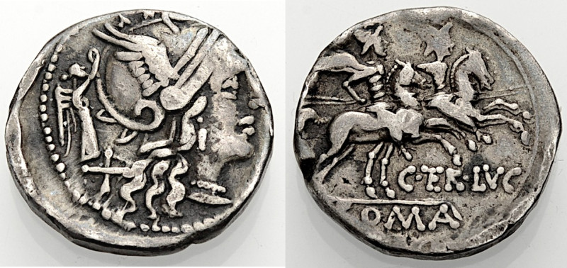 Römische Republik. 
C. Terentius Lucanus, 147 v. Chr. Denar. Romakopf, dahinter...
