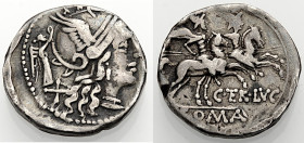 Römische Republik. 
C. Terentius Lucanus, 147 v. Chr. Denar. Romakopf, dahinter Victoria mit Kranz n. r. und X. Rv. ROMA in einem Linienrechteck; Dio...