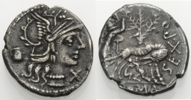 Römische Republik. 
Sextus Pompeius Fostlus, 137 v. Chr. Denar. Romakopf im geflügelten Helm n. r., unter dem Kinn Wertmarke X, im Felde l. einhenkli...