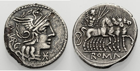 Römische Republik. 
M. Vargunteius, 130 v. Chr. Denar. M.VARG (ligiert). Romakopf im geflügelten Helm n.r., unter dem Kinn * Rv. ROMA Jupiter mit Bli...