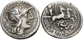 Römische Republik. 
L. Caecilius Metellus, 128 v. Chr. Denar. Kopf der Roma in geflügeltem Helm n. r., dahinter Wertmarke *. Rv. RO-MA Pax mit Zepter...