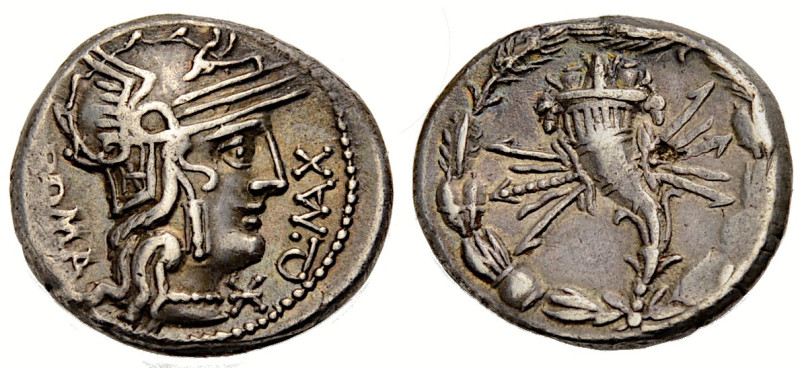 Römische Republik. 
Q. Fabius Maximus 127 v. Chr. Denar. ROMA - Q. MAX (MA in L...
