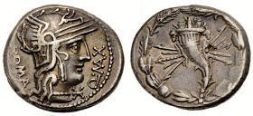 Römische Republik. 
Q. Fabius Maximus 127 v. Chr. Denar. ROMA - Q. MAX (MA in Ligatur) Kopf der Roma mit geflügeltem Helm n. r. Rv. Füllhorn, dahinte...