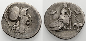 Römische Republik. 
Anonym, 115 oder 114 v. Chr. Denar. ROMA Kopf der Roma mit korinthischem Helm n. r., dahinter X Rv. Roma mit Speer in der Hand au...
