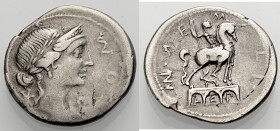 Römische Republik. 
Man. Aemilius Lepidus, 114-113 v. Chr. Denar. ROMA Drap. Frauenbüste mit D. und L. n. r., dahinter Wertmarke * (=10). Rv. MN. AE-...