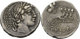 Römische Republik. 
C. Vibius Pansa, 90 v. Chr. Denar. PANSA Kopf des Apoll mit L. n. r. Rv. C. VIBIVS.C.F. Minerva mit Trophäe und Speer in galoppie...