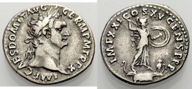 Kaiserzeit. 
Domitianus, 81-96. Denar, 90. Büste mit L. n. r. IMP CAES DOMIT AVG-GERM PM TRP X. Rv. IMP XXI COS XV CENS PPP Minerva n.r. auf Prora sc...