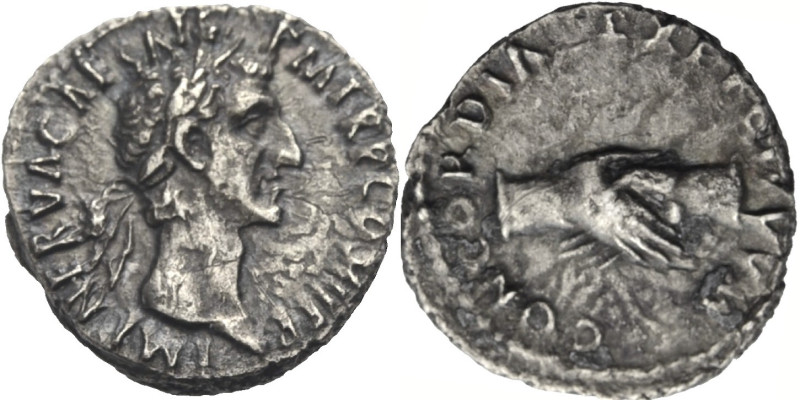 Kaiserzeit. 
Nerva, 96-98. Denar, 96. Kopf mit L. n.r. Rv. CONCORDIA EXERCITVVM...