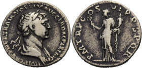Kaiserzeit. 
Trajanus, 98-117. Denar, 116 Drap. Büste mit L. n. r. Rv. PM TRP C-OS -VI PP SPQR Felicitas (oder Genius) n.l. stehend, Caduceus und Fül...