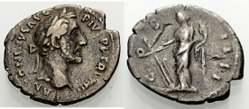 Kaiserzeit. 
Antoninus Pius, 138-161. Denar, 149-150 Kopf mit L. n. r. ANTONINVS AVG PIVS PP TR P XIII Rv. COS IIII Fortuna n.l. stehend, Steuerruder...