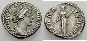 Kaiserzeit. 
Lucilla, ( +182). Denar. Drap. Büste n. r., die Haare in einem Chignon gebunden. Rv. DIANA LVCIFERA Diana mit langer Fackel n. r. 3,37 g...