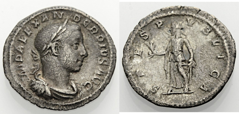 Kaiserzeit. 
Severus Alexander, 222-235. Denar. Drap. Büste mit L. n. r. Rv. SP...