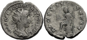 Kaiserzeit. 
Gordianus III., 238-244. Antoninian, 240 Drap., gep. Büste mit Strkr. n. r. Rv. ROMAE AETERNAE Roma n.l. thronend, Victoria und Szepter ...