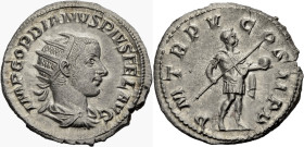 Kaiserzeit. 
Gordianus III., 238-244. Antoninian, 241-243 Drap., gep. Büste mit Strkr. n. r. Rv. PM TRP V COS II PP Der Kaiser im miliärischen Gewand...