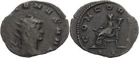 Kaiserzeit. 
Gallienus, 253-268. Antoninian Büste n. r. mit Strkr. Rv. CONCOR AVG/MT Concordia n.l. sitzend. 1,79 g. Göbl/MIR&nbsp;36,&nbsp;Tf.&nbsp;...