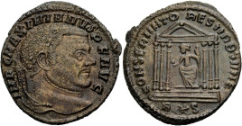 Kaiserzeit. 
Maximianus Herculius, 286-305. Nummus, 307. Kopf mit L. n.r. Rv. CONSERVATO - RES VRB SVAE / R*S Sechssäuliger Romatempel, im Innern Sit...