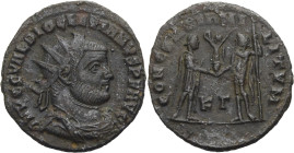 Kaiserzeit. 
Diocletianus, 284-305. Teilstuck, 295-299 Cyzicus. Gep. Büste mit Strkr. n. r. IMP CC VAL DIOClETIANVS PF AVG Rv. CONCORDIA MILITVM / K ...