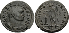 Kaiserzeit. 
Constantius I. Caesar, 293-305. Nummus, Lugdunum, 302-304. Gep. Büste mit L. n.r. CONSTANTIVS NOB C Rv. GENIO POP - VLI ROMANI / B / PLC...