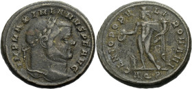 Kaiserzeit. 
Galerius Maximianus, 305-311. Follis, ca. 296 Aquileia. Kopf mit L. n. r. IMP MAXIMIANVS PF AVG Rv. GENIO POPV-LI ROMANI/AQP Genius im C...