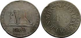 Ceylon. 
BRITISCH. 
George III, 1760-1820. AE 1/48 Rix Dollar 1802 Geprägt in England. Elephant n.l. Im Abschnitt 1802. Rv. GOVERNMENT/ CEYLON um 48...