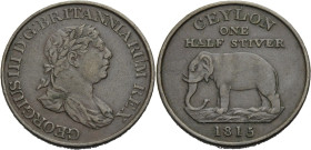 Ceylon. 
BRITISCH. 
George III, 1760-1820. 1/2 Stuiver 1815. Geprägt in England. Büste des George III. GEORGIUS III D:G: BRITANNIARUM REX. Rv. Eleph...