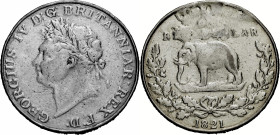 Ceylon. 
BRITISCH. 
George IV. 1821-1830. 1 Rix Dollar 1821 Kopf mit L. n.l. Rv. Elefant n.l., darunter Kranz. 8,82 g. KM&nbsp;#&nbsp;84. Lötstelle....