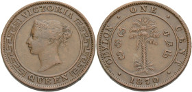 Ceylon. 
BRITISCH. 
Victoria, 1837-1901. One Cent, 1870 Büste n.l. VICTORIA / QUEEN. Rv. Palme. CEYLON . ONE. CENT. 1870. 4,57 g. KM&nbsp;#&nbsp;82....