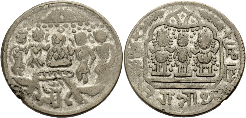 Indien. 
TEMPELTOKEN. Ramatanka, Messing versilbert, 19. Jh. Rama und Sita auf ...