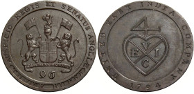 Indien. 
Ostindische Kompanie. 
1/96 Rupie 1794, Cu. Birmingham. Behelmtes Wappen zwischen zwei Löwen. Rv. Warenzeichen der East India Company. 6,82...