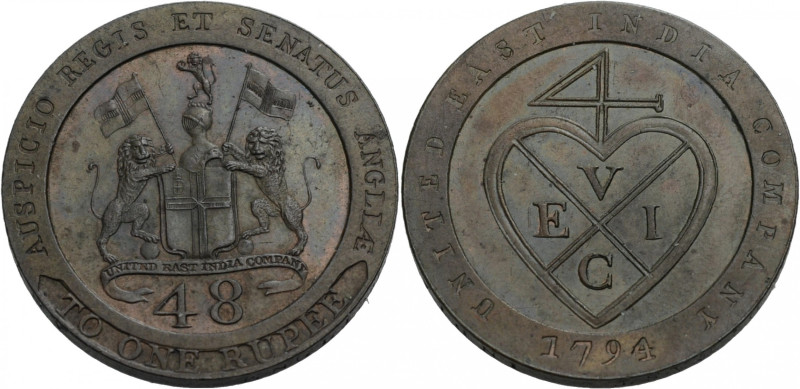 Indien. 
Britisch Indien. 
EAST INDIA COMPANY. 1/48 Rupie 1794. Behelmtes Wapp...