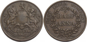 Indien. 
Britisch Indien. 
EAST INDIA COMPANY. 1/2 Anna, 1835 Madras. Wappen, gehalten von zwei Löwen. 1835. Rv. EAST INDIA COMPANY; HALF ANNA im Lo...