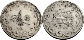 Türkei. 
MAHMUD V, 1327-1336 H./1909-1918 A.D. 20 Kurush, Jahr 7 1334 A.H. / 1916 A.D. Konstantinopel. Münzstätte und Datum. Rv. Tughra. 23,85 g. KM&...