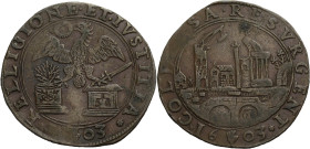 Belgien/-Antwerpen, Stadt. 
Cu-Rechenpfennig, 1603 Adler frontal, einen Kranz im l. gewandten Schnabel, über zwei Altären, worauf Flamme und Schwert....