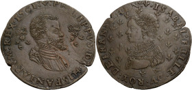 Belgien/-Flandern, Grafschaft. 
PHILIPP II., 1555-1598. Cu-Rechenpfennig 1561, Brügge. Brustbild Philipps II. r. zwischen zwei Feuereisen. Rv. Brustb...