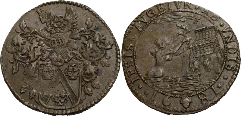 Belgien/-Rechenpfennige. 
Cu-Rechenpfennig, 1681. Brüssel. Behelmter Wappenschi...