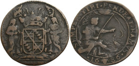 Belgien/-Brüssel, Stadt. 
Cu-Rechenpfennig, 1686. Wappen des Guillaume de Hamme. Rv. Angler n. r. sitzend, einen Fisch am Haken. SEMPER TIBI PENDEAT ...