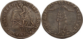 Niederlande/-Middelburg, Stadt. 
RECHENPFENNIGE. Cu-Rechenpfennig, 1594. Steinmetz n.l. sitzend, mit Schlägel und Meissel eine auf einem Tisch liegen...