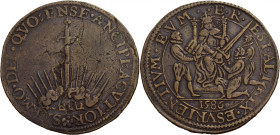 Niederlande/-Rechenpfennige. 
Dordrecht. Rechenpfennig, Messing. 1586. Entsendung Leicesters durch Elizabeth I. von England. Schwert unter strahlende...