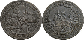 Niederlande/-Rechenpfennige. 
Dordrecht. Cu-Rechenpfennig, 1598. Engel r. fliegend, beidhändig einen Schild haltend, unten das spanische Belagerungsh...