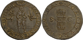 Niederlande/-Rechenpfennige. 
Dordrecht. Cu-Rechenpfennig 1608. Betender Mann steht zwischen zwei Armen, die einen Olivenzweig bzw. ein Schwert halte...