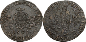 Niederlande/-Rechenpfennige. 
Utrecht. Rechenpfennnig, 1598. Der Mord an Wirich VI. von Daun-Falkenstein durch Mendoza am 11. Oktober 1598. Wappenkar...
