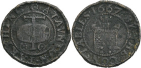 Grossbritannien/-Token 17. Jh.. 
SOMERSET. 
TAUNTON. Farthing, 1667. A. TAVNTON. FARTHING. Rebus: a T and a tun. Two rosettes. Rv. BY THE CONSTABLES...